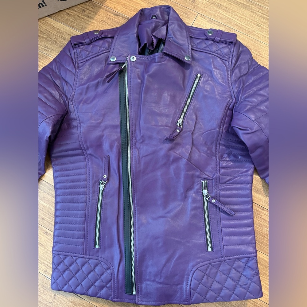 Women’s Purple Quilted Leather Moto Jacket - Picture 3 of 7